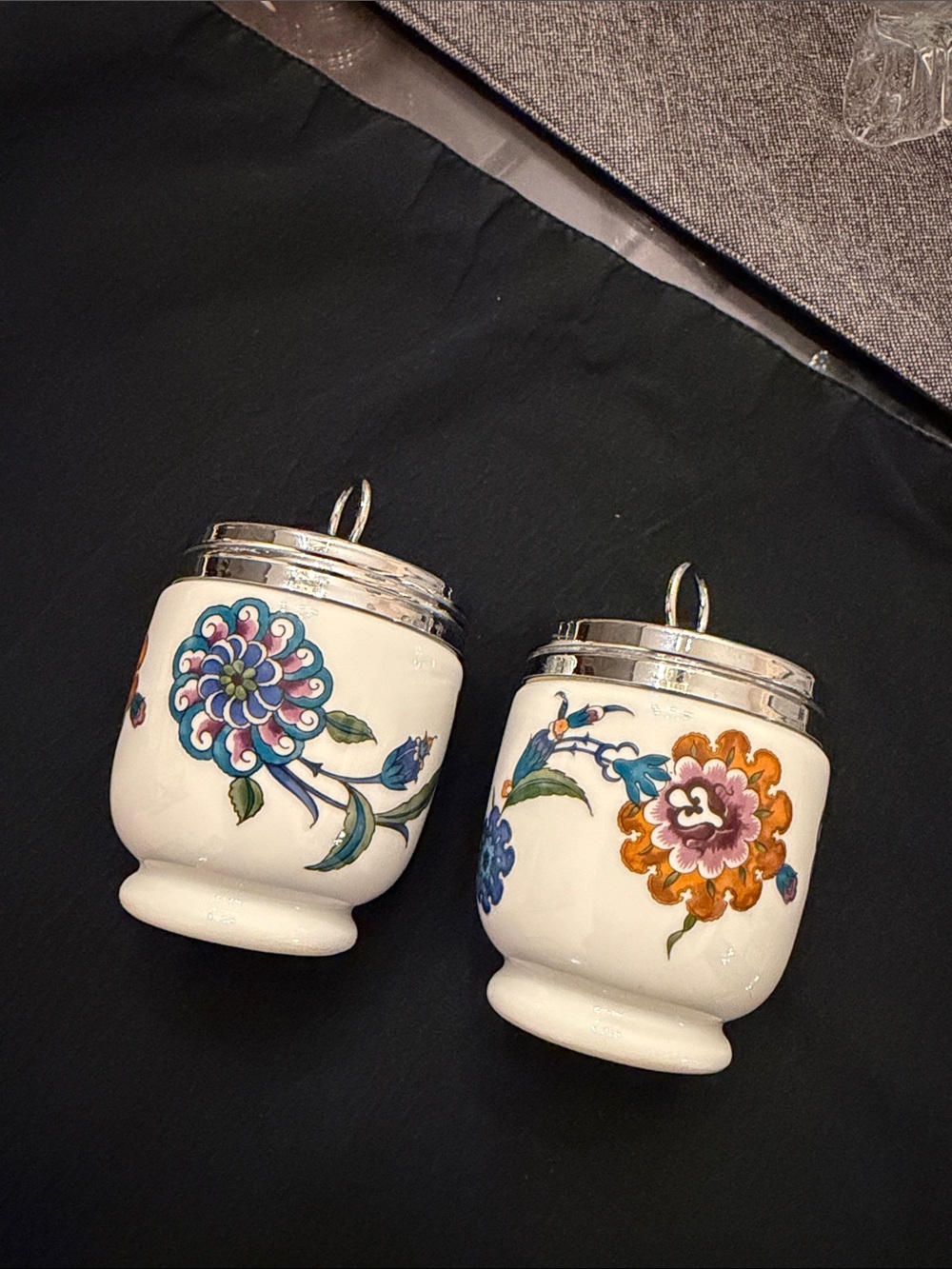 Pair matching Royal Worcester egg coddlers with instruction